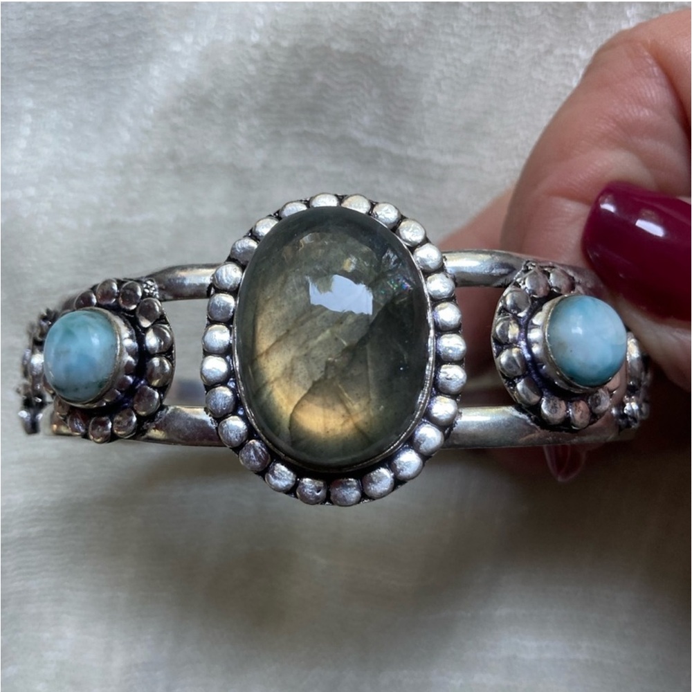 Fiery Labradorite & Larimar Handmade, Adjustable, 925 Silver, Bangle